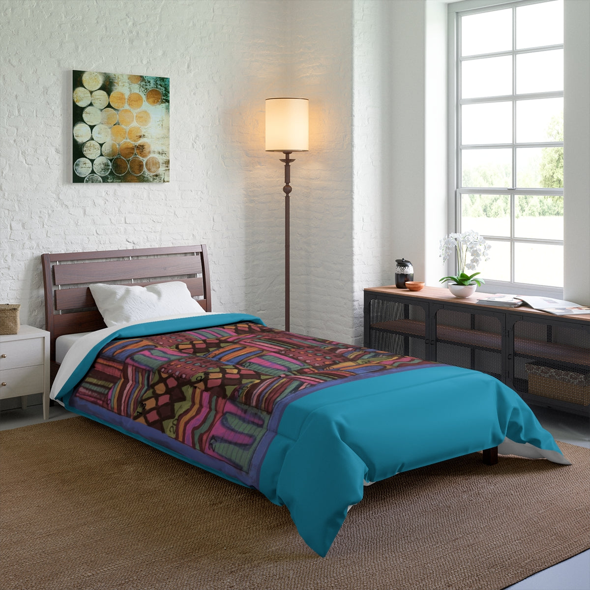 Comforter: Psychedelic Calendar(tm) - Muted - 68x92 - MiE Designs Shop. Thick turquoise bars above/below calendar. Bedroom
