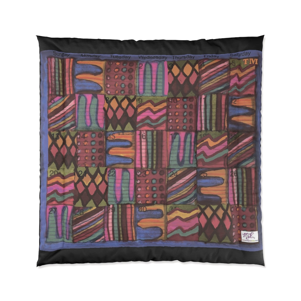 Comforter: Psychedelic Calendar(tm) - Muted - 88x88 - MiE Designs Shop. Thin black bars above/below calendar. Flat