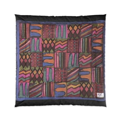 Comforter: Psychedelic Calendar(tm) - Muted - 88x88 - MiE Designs Shop. Thin black bars above/below calendar. Flat