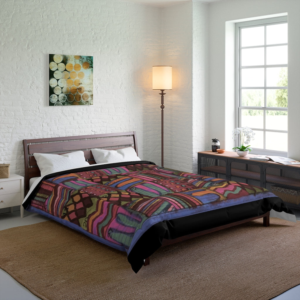 Comforter: Psychedelic Calendar(tm) - Muted - 88x88 - MiE Designs Shop. Thin black bars above/below calendar. Bedroom