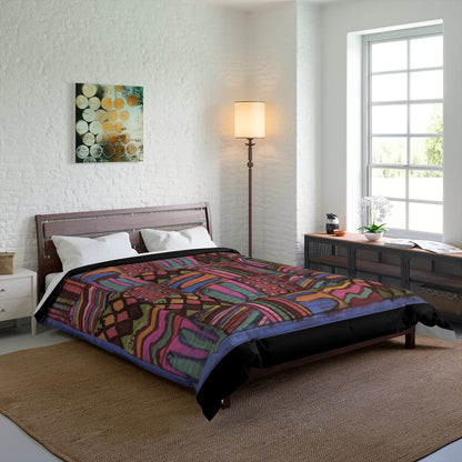 Comforter: Psychedelic Calendar(tm) - Muted - 88x88 - MiE Designs Shop. Thin black bars above/below calendar. Bedroom