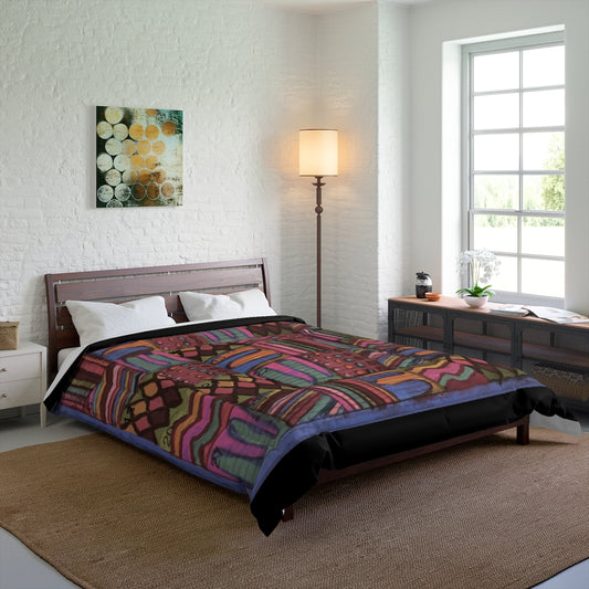 Comforter: Psychedelic Calendar(tm) - Muted - 88x88 - MiE Designs Shop. Thin black bars above/below calendar. Bedroom