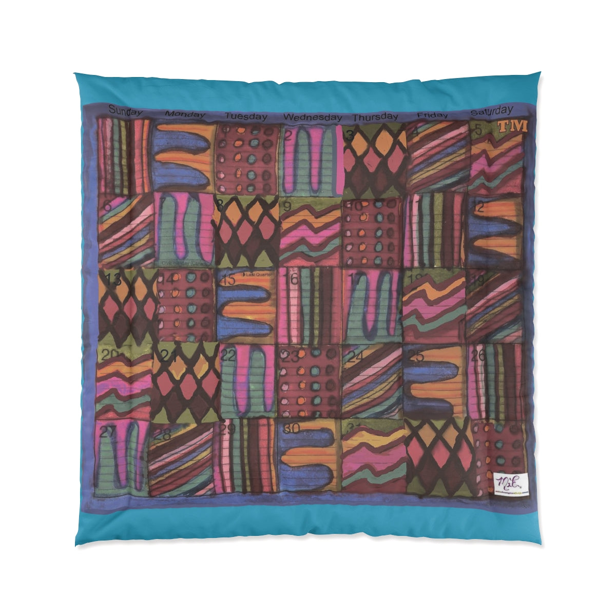 Comforter: Psychedelic Calendar(tm) - Muted - 88x88 - MiE Designs Shop. Thin turquoise bars above/below calendar. Flat