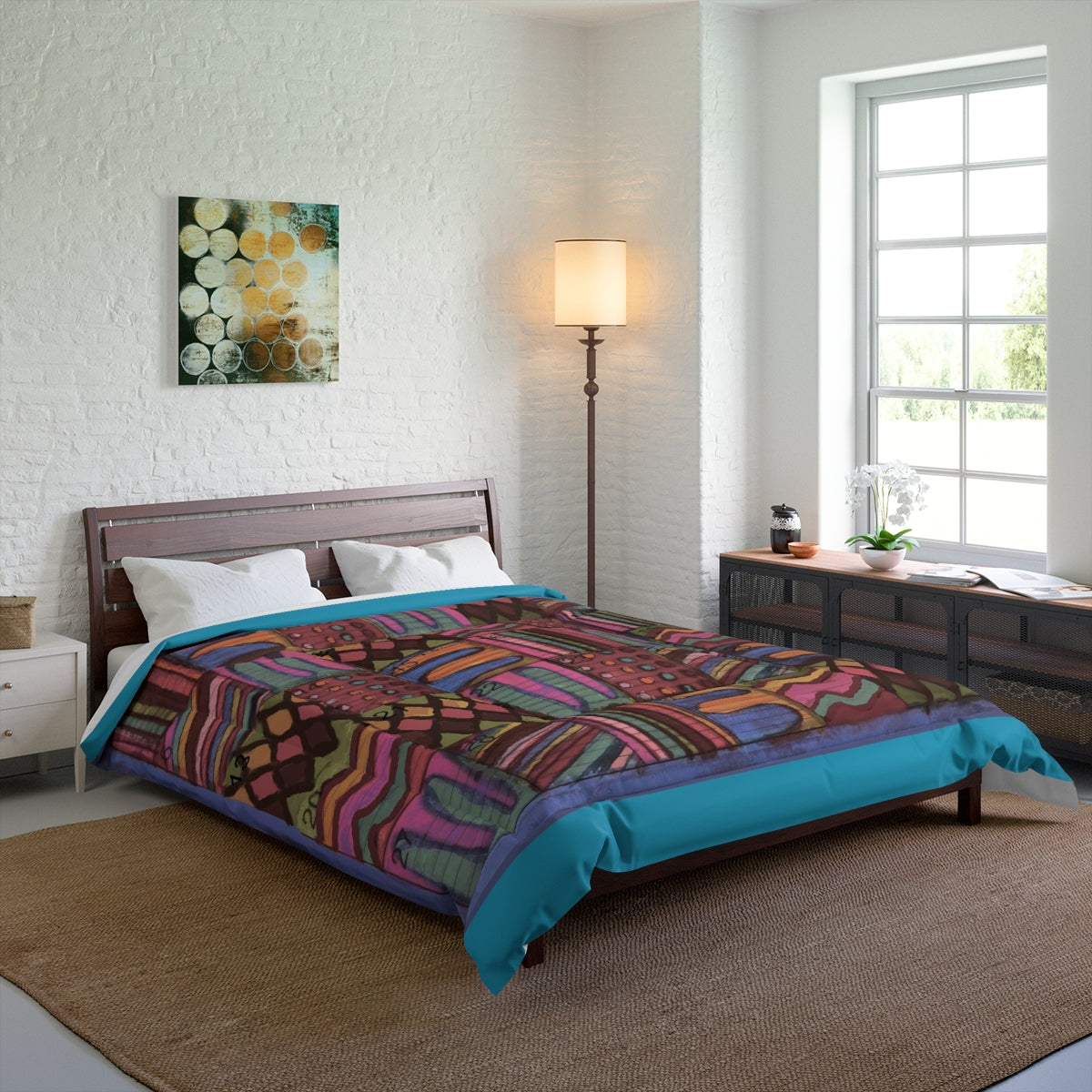Comforter: Psychedelic Calendar(tm) - Muted - 88x88 - MiE Designs Shop. Thin turquoise bars above/below calendar. Bedroom