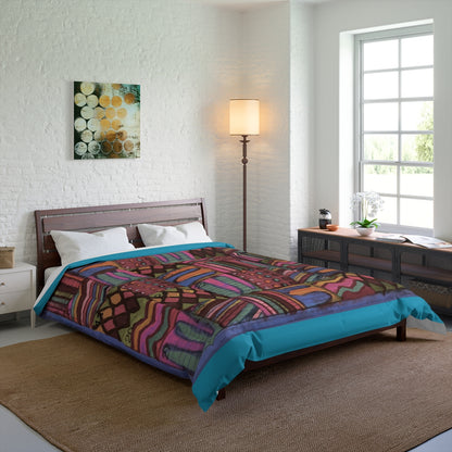 Comforter: Psychedelic Calendar(tm) - Muted - 88x88 - MiE Designs Shop. Thin turquoise bars above/below calendar. Bedroom