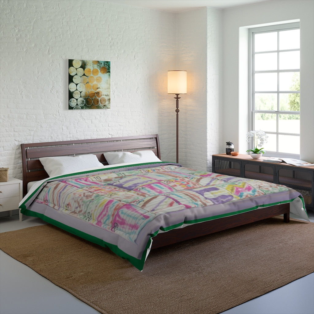 Comforter: Psychedelic Calendar(tm) - Seeped - 104x88 - MiE Designs Shop. Barely visible dark green edges around calendar. Bedroom