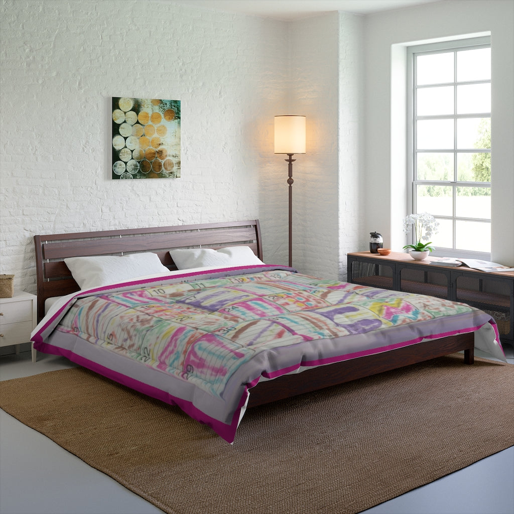 Comforter: Psychedelic Calendar(tm) - Seeped - 88x88 - MiE Designs Shop. Thin dark pink bars above/below calendar. Bedroom