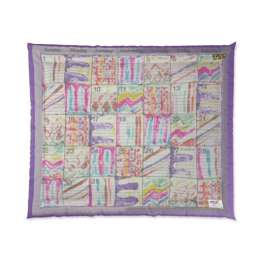 Comforter: Psychedelic Calendar(tm) - Seeped - 104x88 - MiE Designs Shop. Barely visible lavender edges around calendar. Full