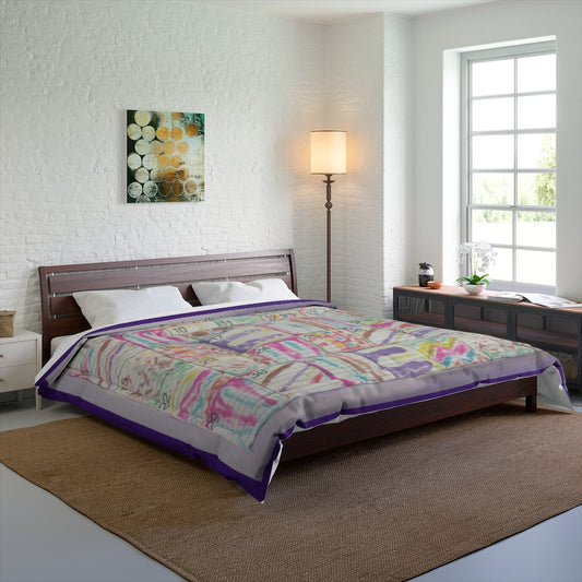 Comforter: Psychedelic Calendar(tm) - Seeped - 104x88 - MiE Designs Shop. Barely visible purple edges around calendar. Bedroom