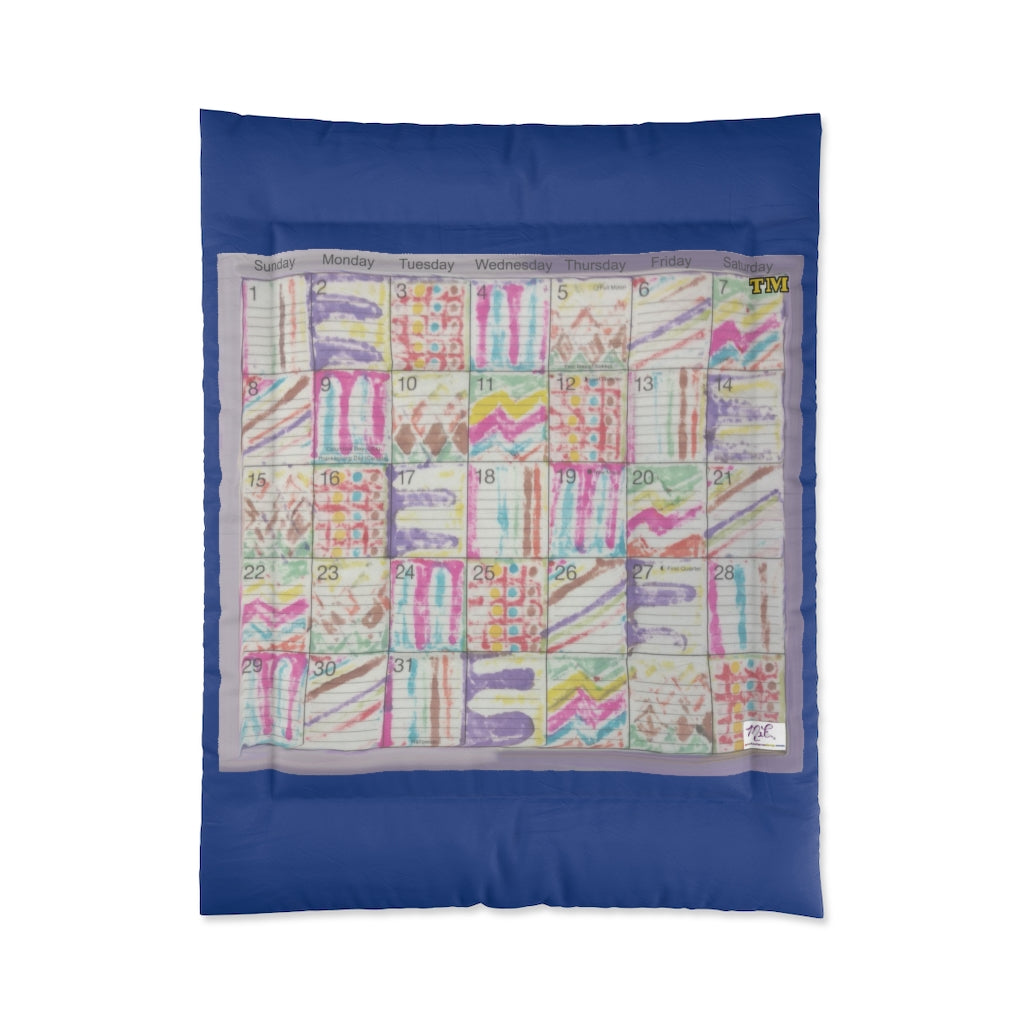 Comforter: Psychedelic Calendar(tm) - Seeped - 68x88 - MiE Designs Shop. Thick dark blue bars above/below calendar. Flat