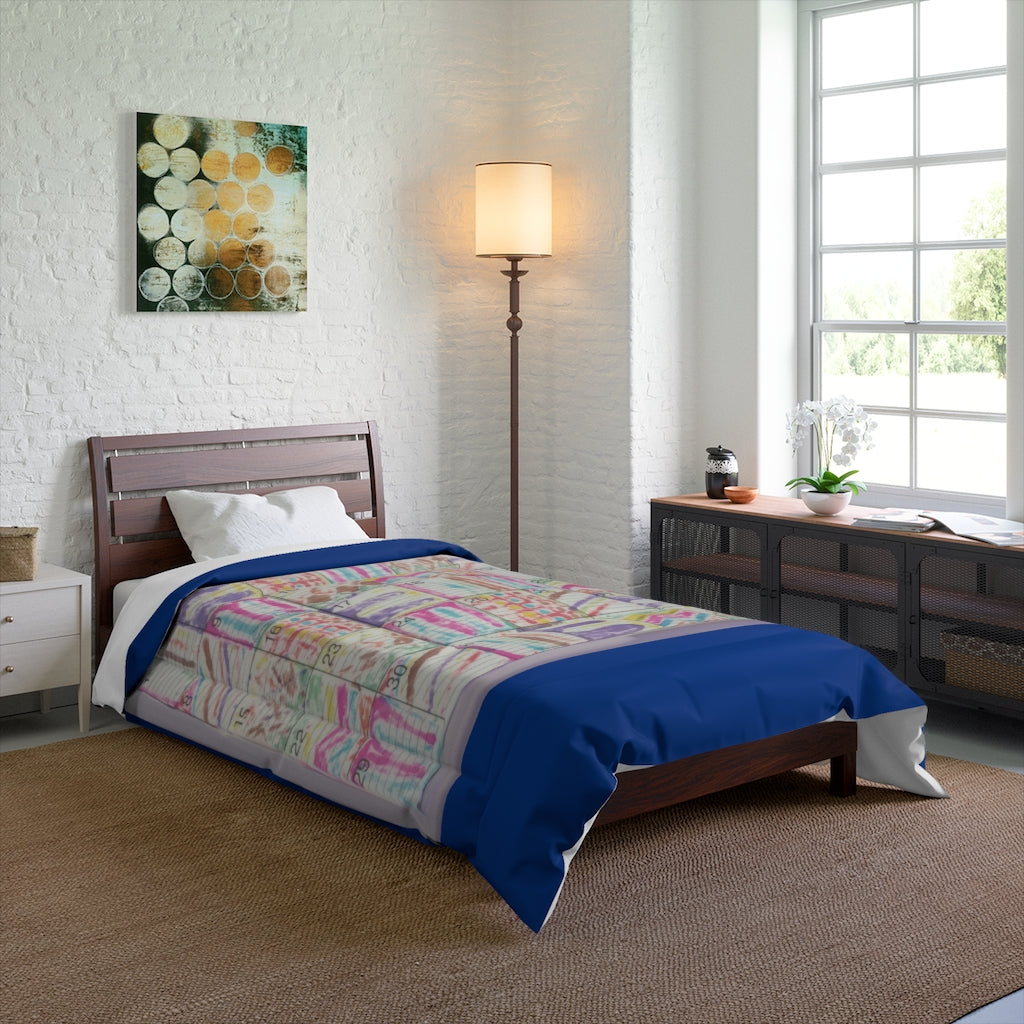 Comforter: Psychedelic Calendar(tm) - Seeped - 68x88 - MiE Designs Shop. Thick dark blue bars above/below calendar. Bedroom