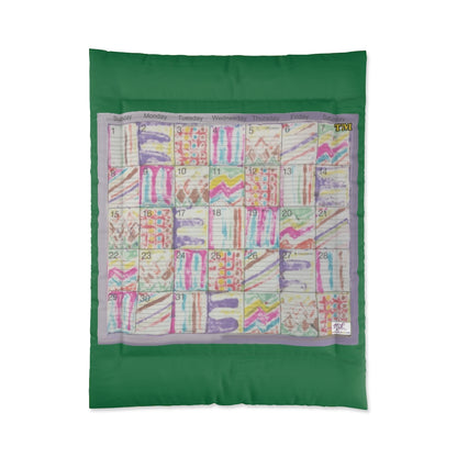 Comforter: Psychedelic Calendar(tm) - Seeped - 68x88 - MiE Designs Shop. Thick dark green bars above/below calendar. Flat