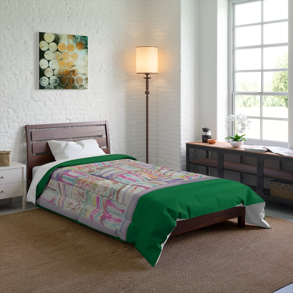 Comforter: Psychedelic Calendar(tm) - Seeped - 68x88 - MiE Designs Shop. Thick dark green bars above/below calendar. Bedroom