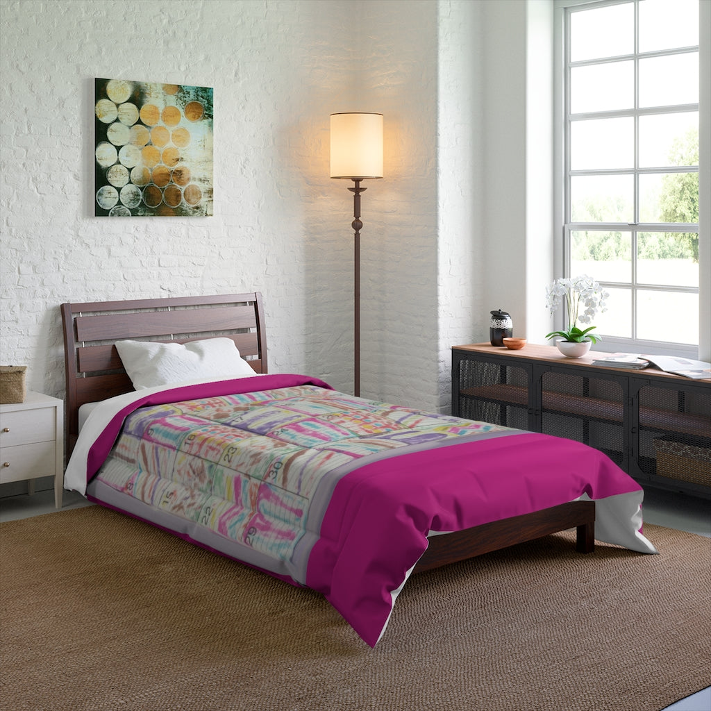 Comforter: Psychedelic Calendar(tm) - Seeped - 68x88 - MiE Designs Shop. Thick dark pink bars above/below calendar. Bedroom