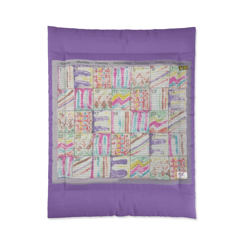 Comforter: Psychedelic Calendar(tm) - Seeped - 68x88 - MiE Designs Shop. Thick lavender bars above/below calendar. Flat