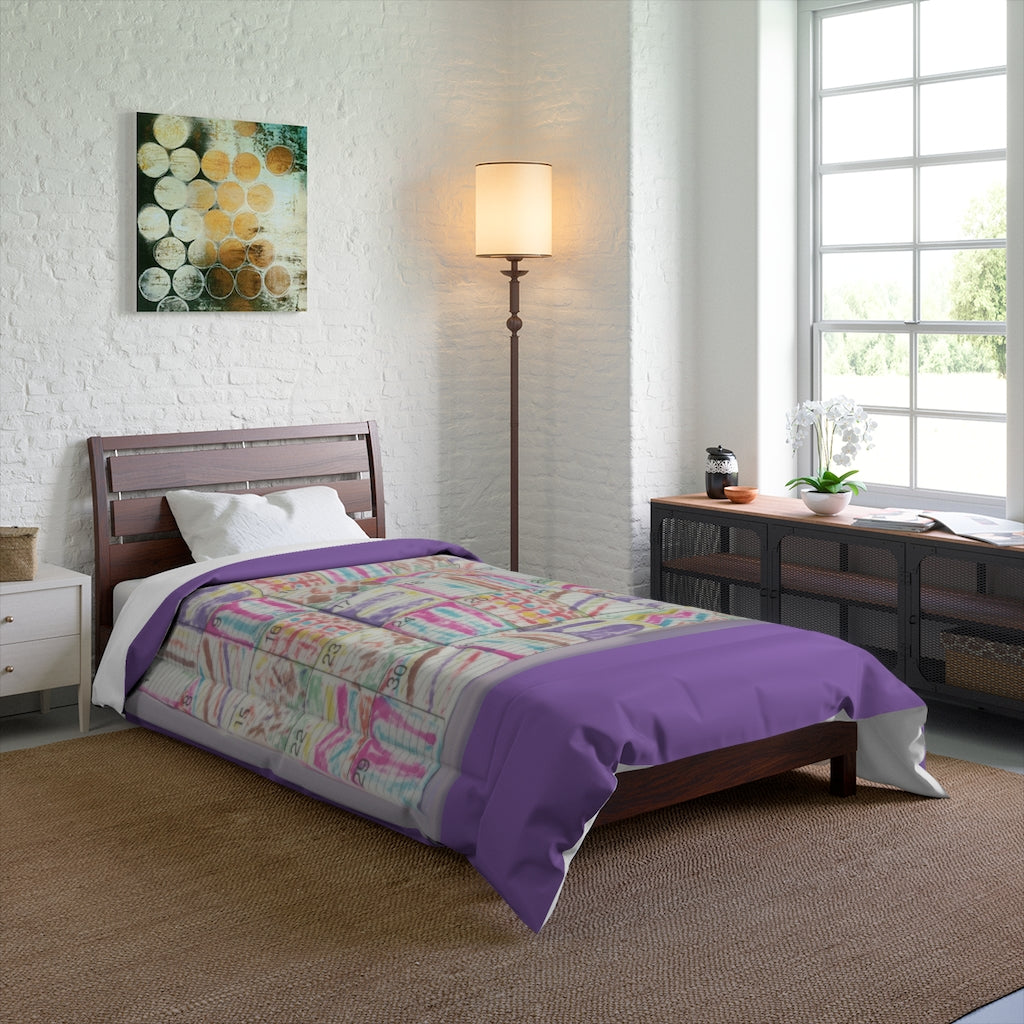 Comforter: Psychedelic Calendar(tm) - Seeped - 68x88 - MiE Designs Shop. Thick lavender bars above/below calendar. Bedroom