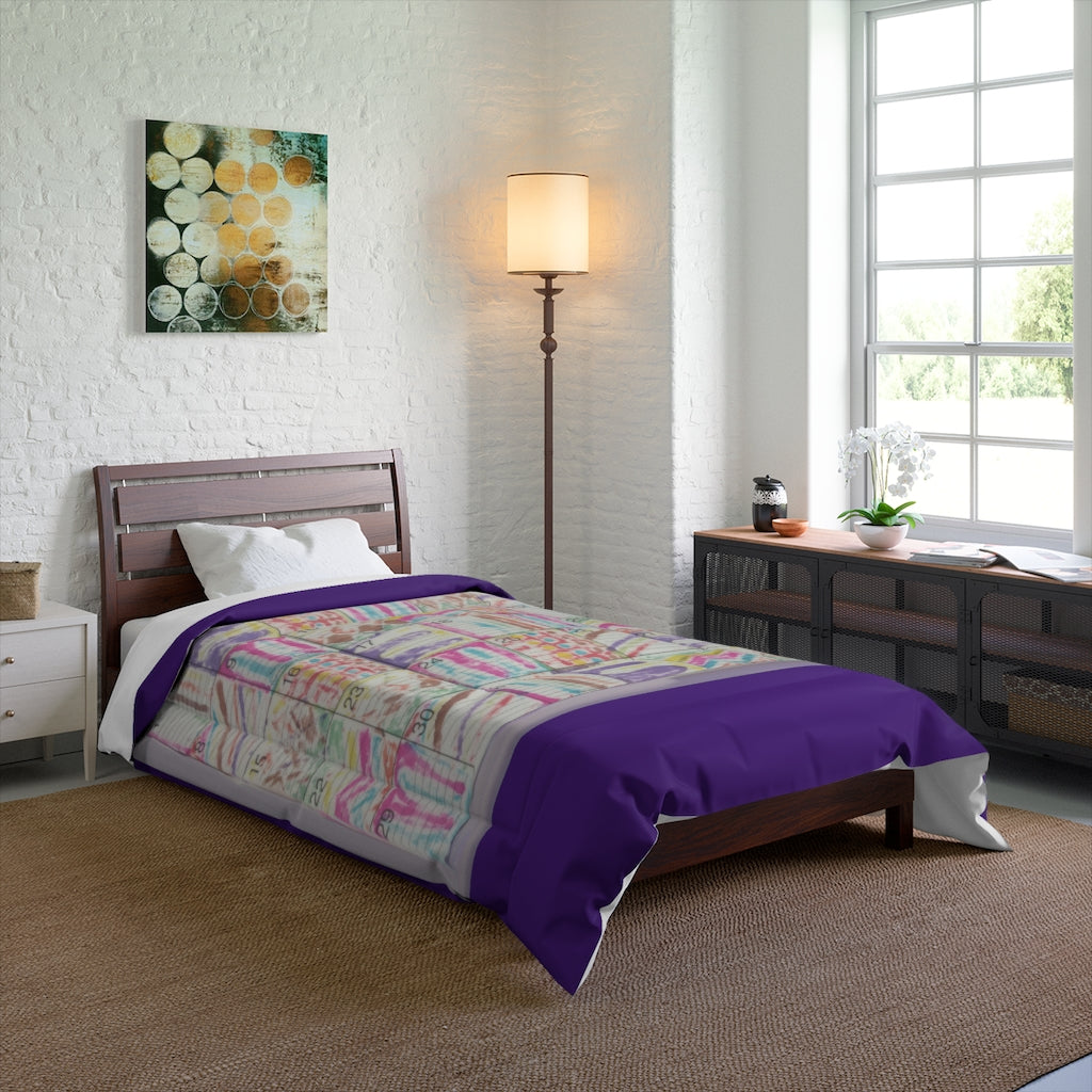 Comforter: Psychedelic Calendar(tm) - Seeped - 68x88 - MiE Designs Shop. Thick purple bars above/below calendar. Bedroom