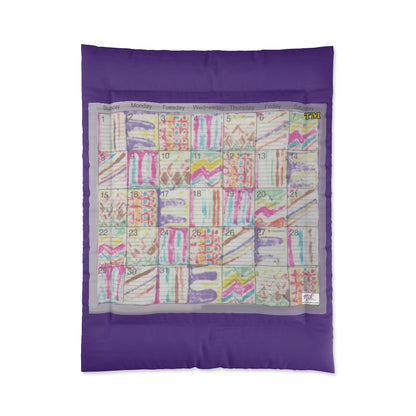 Comforter: Psychedelic Calendar(tm) - Seeped - 68x88 - MiE Designs Shop. Thick purple bars above/below calendar. Flat