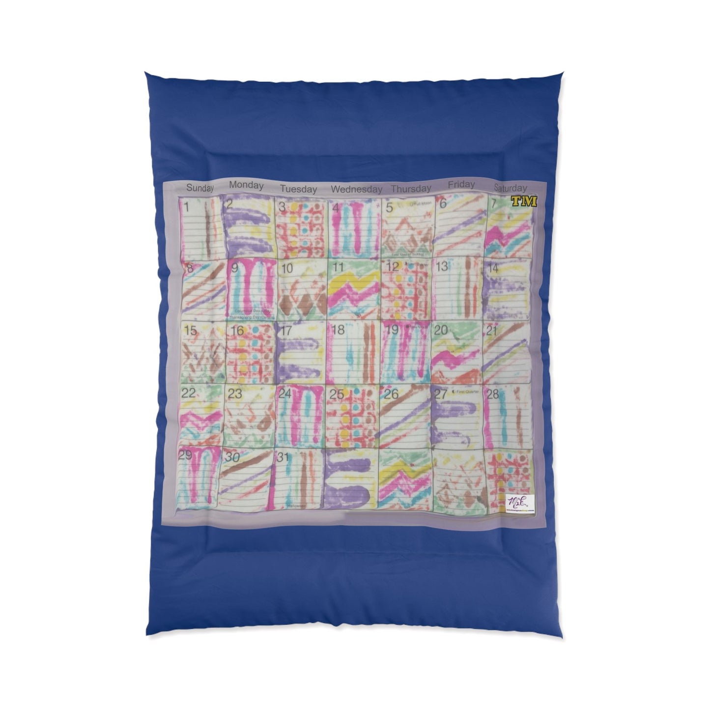 Comforter: Psychedelic Calendar(tm) - Seeped - 68x92 - MiE Designs Shop. Thick dark blue bars above/below calendar. Flat