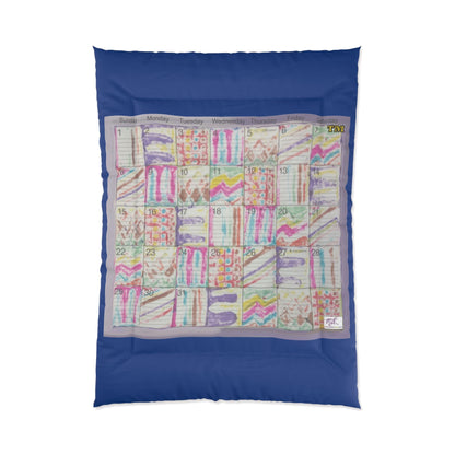 Comforter: Psychedelic Calendar(tm) - Seeped - 68x92 - MiE Designs Shop. Thick dark blue bars above/below calendar. Flat