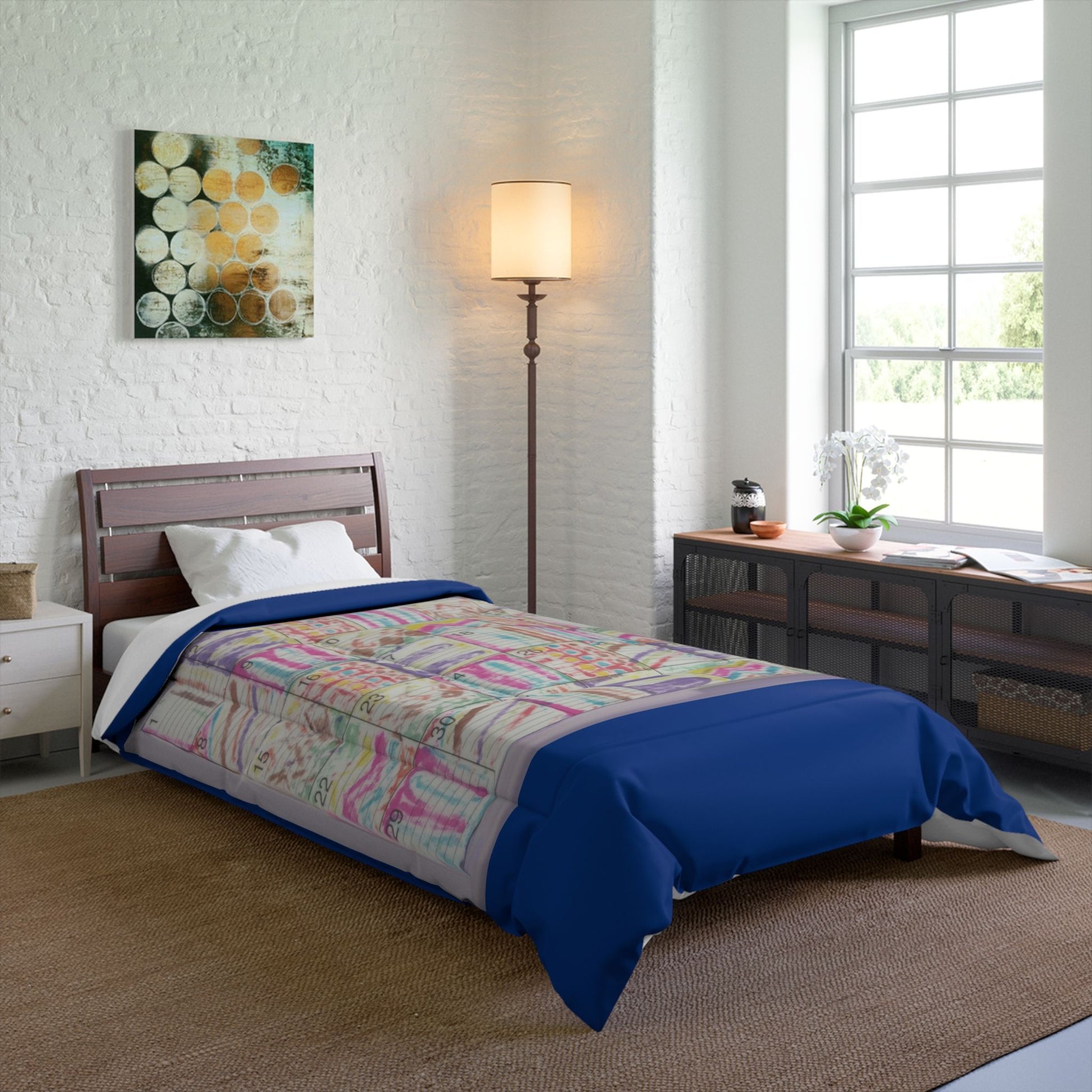 Comforter: Psychedelic Calendar(tm) - Seeped - 68x92 - MiE Designs Shop. Thick dark blue bars above/below calendar. Bedroom