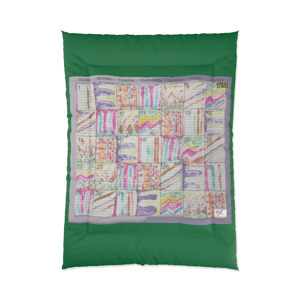 Comforter: Psychedelic Calendar(tm) - Seeped - 68x92 - MiE Designs Shop. Thick dark green bars above/below calendar. Flat