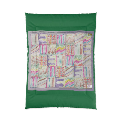 Comforter: Psychedelic Calendar(tm) - Seeped - 68x92 - MiE Designs Shop. Thick dark green bars above/below calendar. Flat