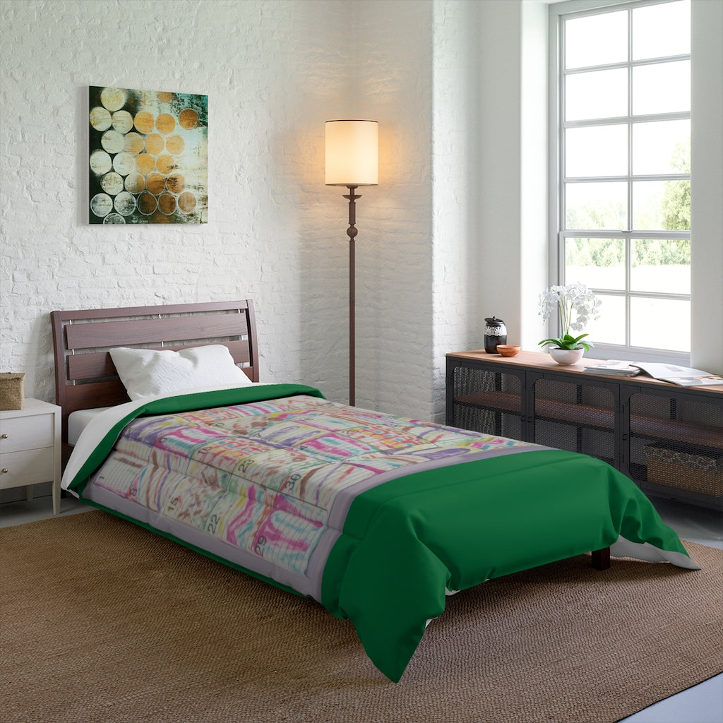 Comforter: Psychedelic Calendar(tm) - Seeped - 68x92 - MiE Designs Shop. Thick dark green bars above/below calendar. Bedroom