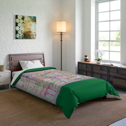Comforter: Psychedelic Calendar(tm) - Seeped - 68x92 - MiE Designs Shop. Thick dark green bars above/below calendar. Bedroom