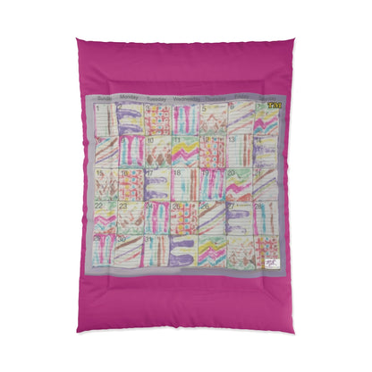 Comforter: Psychedelic Calendar(tm) - Seeped - 68x92 - MiE Designs Shop. Thick dark pink bars above/below calendar. Flat