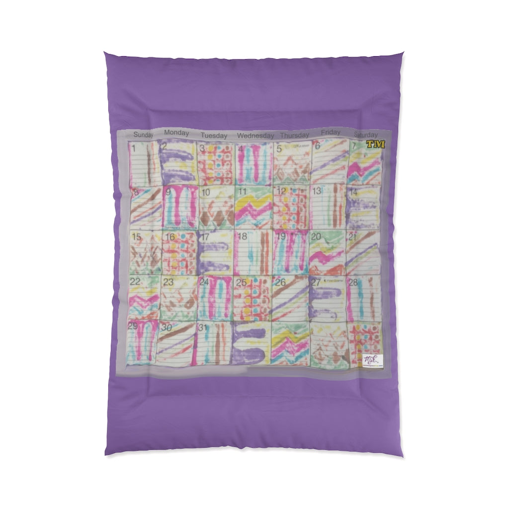 Comforter: Psychedelic Calendar(tm) - Seeped - 68x92 - MiE Designs Shop. Thick lavender bars above/below calendar. Flat