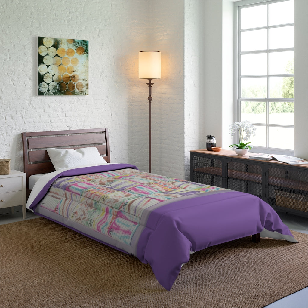 Comforter: Psychedelic Calendar(tm) - Seeped - 68x92 - MiE Designs Shop. Thick lavender bars above/below calendar. Bedroom