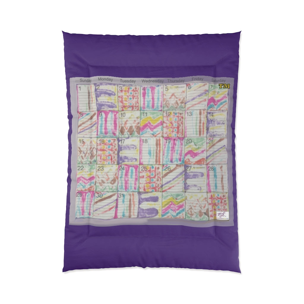Comforter: Psychedelic Calendar(tm) - Seeped - 68x92 - MiE Designs Shop. Thick purple bars above/below calendar. Flat