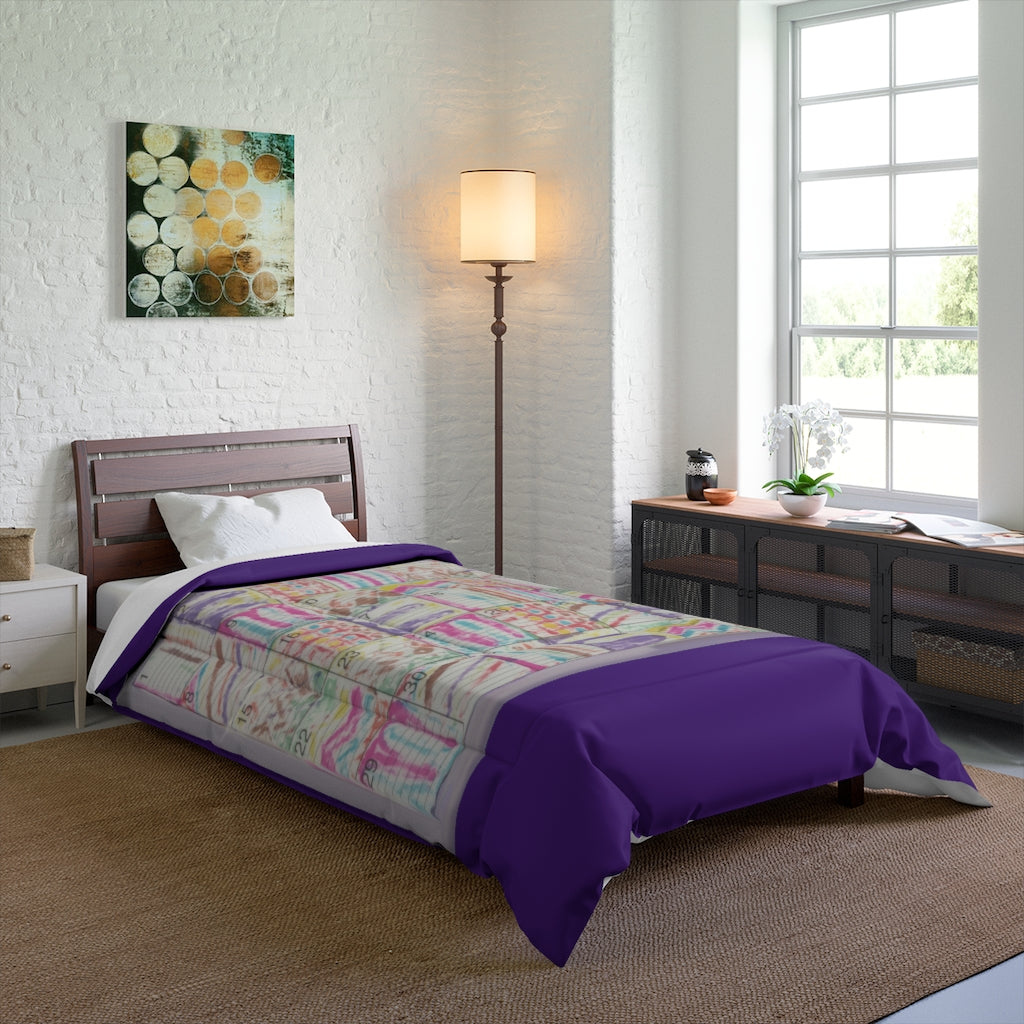 Comforter: Psychedelic Calendar(tm) - Seeped - 68x92 - MiE Designs Shop. Thick purple bars above/below calendar. Bedroom