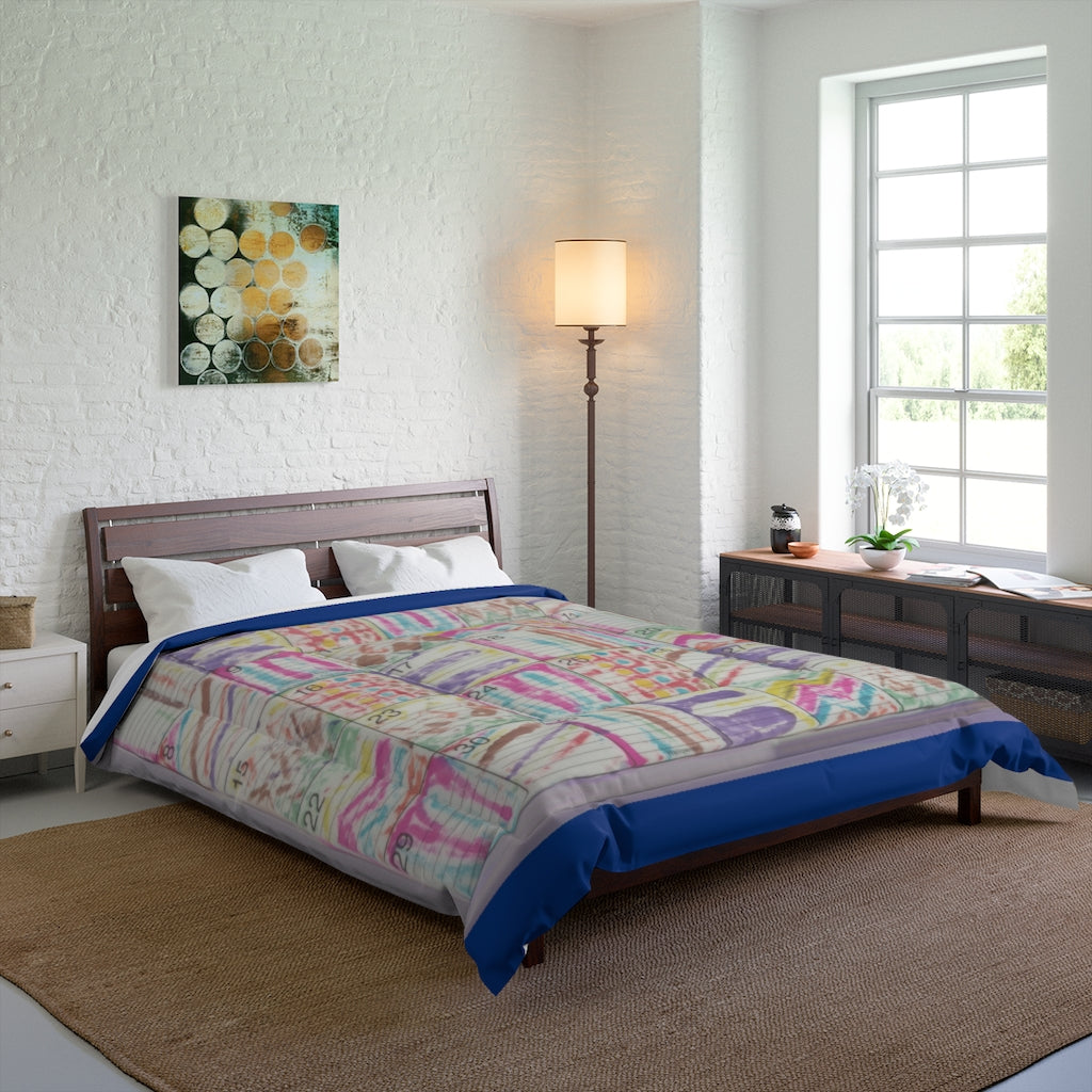 Comforter: Psychedelic Calendar(tm) - Seeped - 88x88 - MiE Designs Shop. Thin dark blue bars above/below calendar. Bedroom