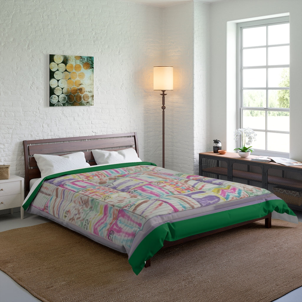 Comforter: Psychedelic Calendar(tm) - Seeped - 88x88 - MiE Designs Shop. Thin dark green bars above/below calendar. Bedroom