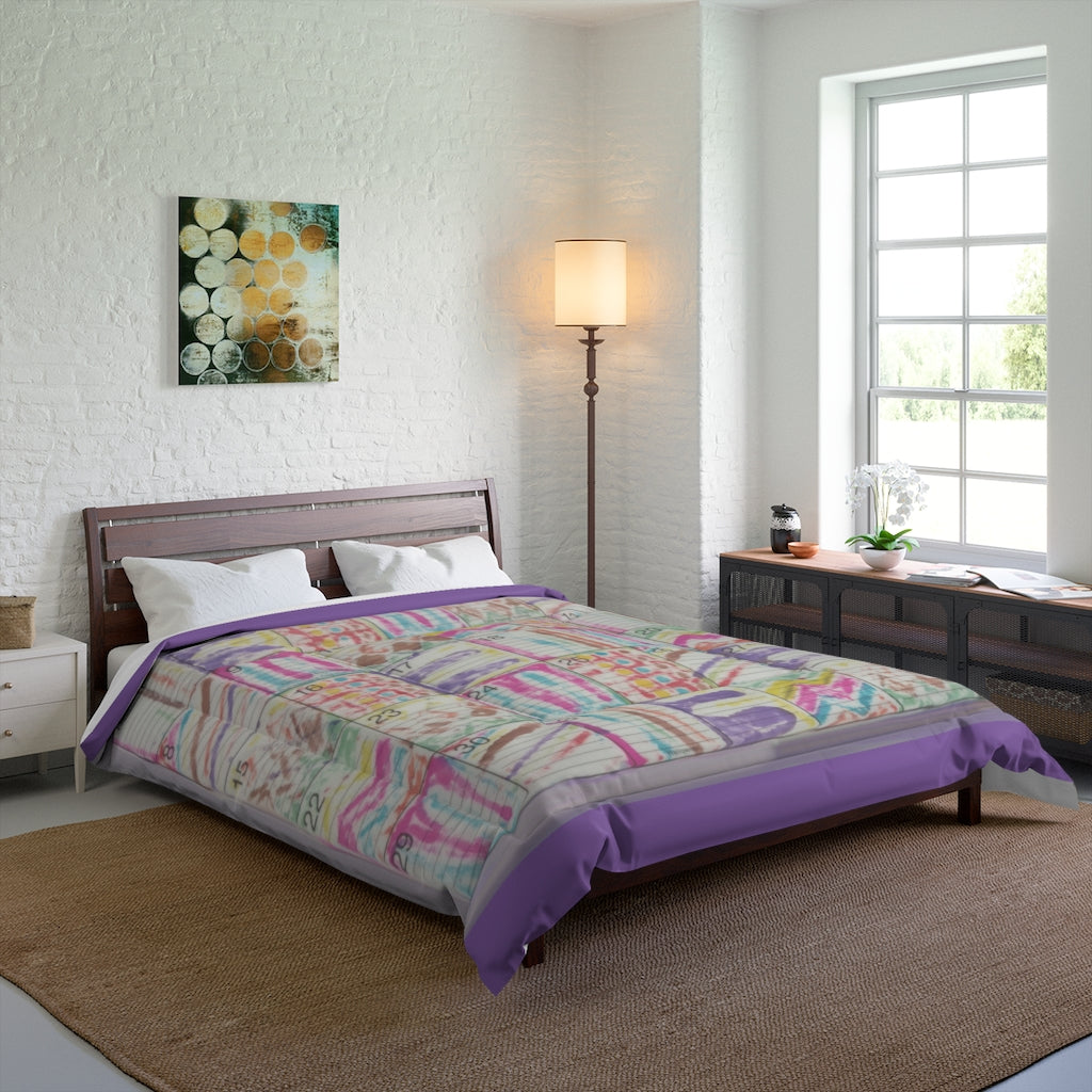 Comforter: Psychedelic Calendar(tm) - Seeped - 88x88 - MiE Designs Shop. Thin lavender bars above/below calendar. Bedroom