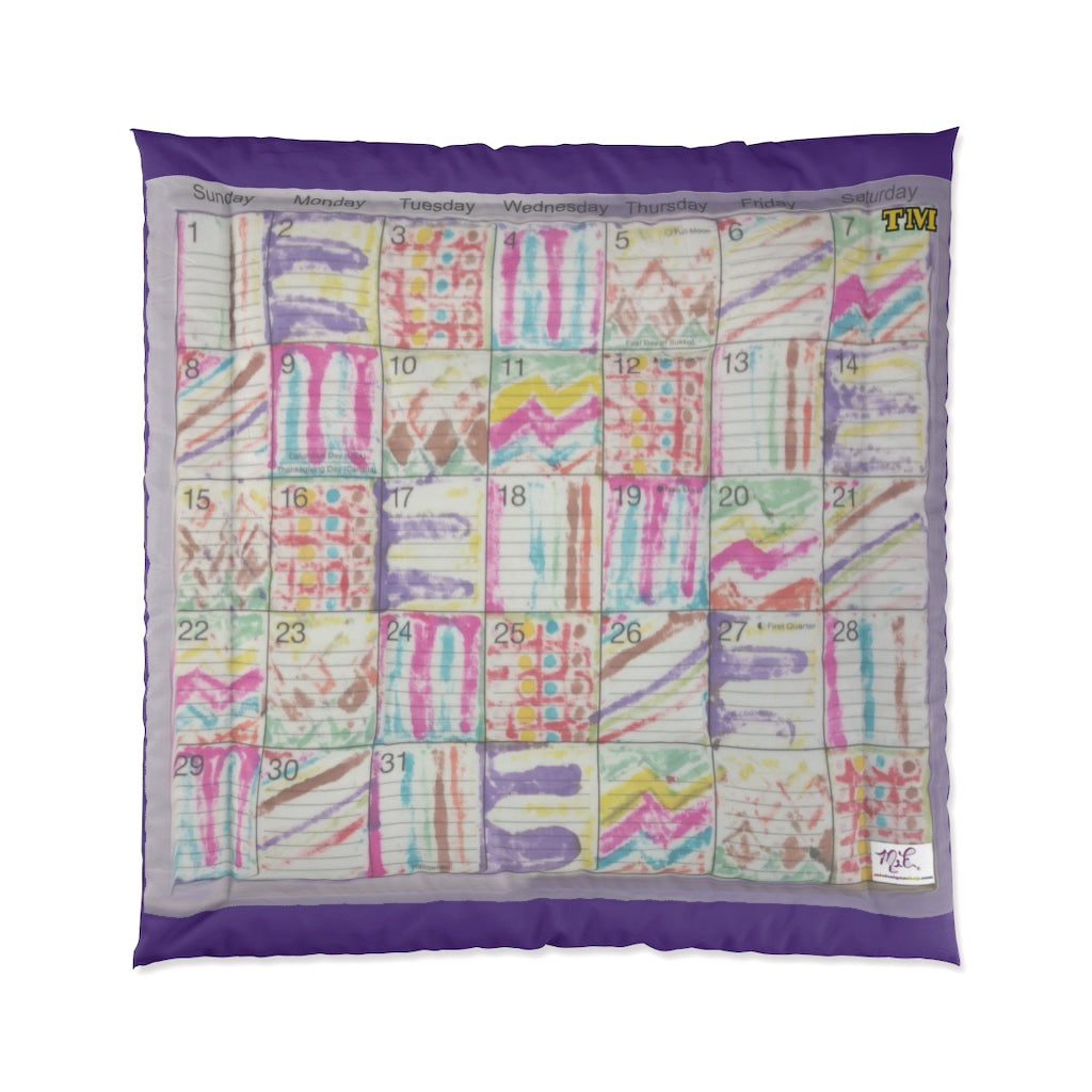 Comforter: Psychedelic Calendar(tm) - Seeped - 88x88 - MiE Designs Shop. Thin purple bars above/below calendar. Flat