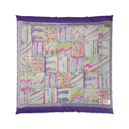 Comforter: Psychedelic Calendar(tm) - Seeped - 88x88 - MiE Designs Shop. Thin purple bars above/below calendar. Flat