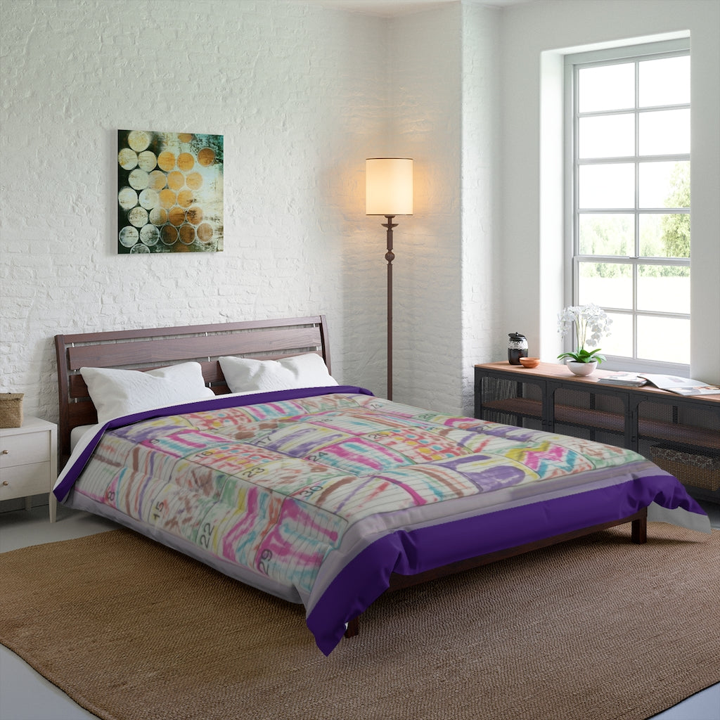 Comforter: Psychedelic Calendar(tm) - Seeped - 88x88 - MiE Designs Shop. Thin purple bars above/below calendar. Bedroom