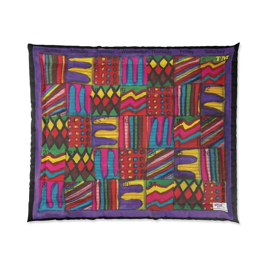 Comforter: Psychedelic Calendar(tm) - Vibrant - 104x88 - MiE Designs Shop. Barely visible black edges around calendar. Flat