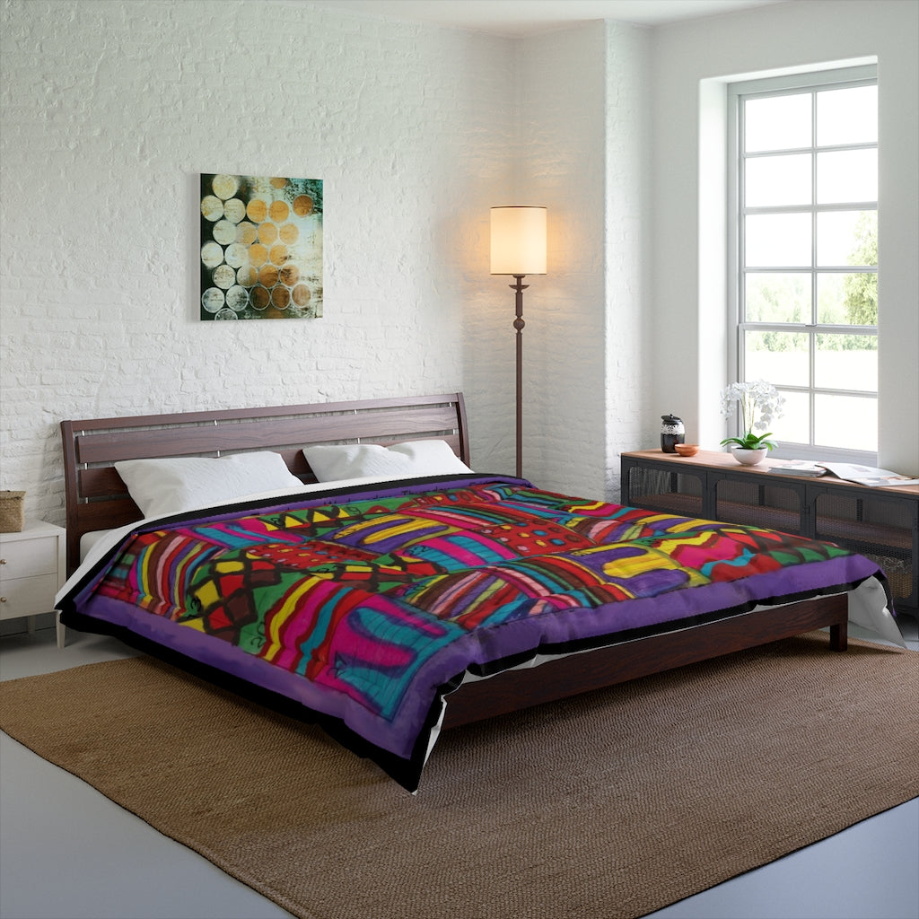 Comforter: Psychedelic Calendar(tm) - Vibrant - 104x88 - MiE Designs Shop. Barely visible black edges around calendar. Bedroom