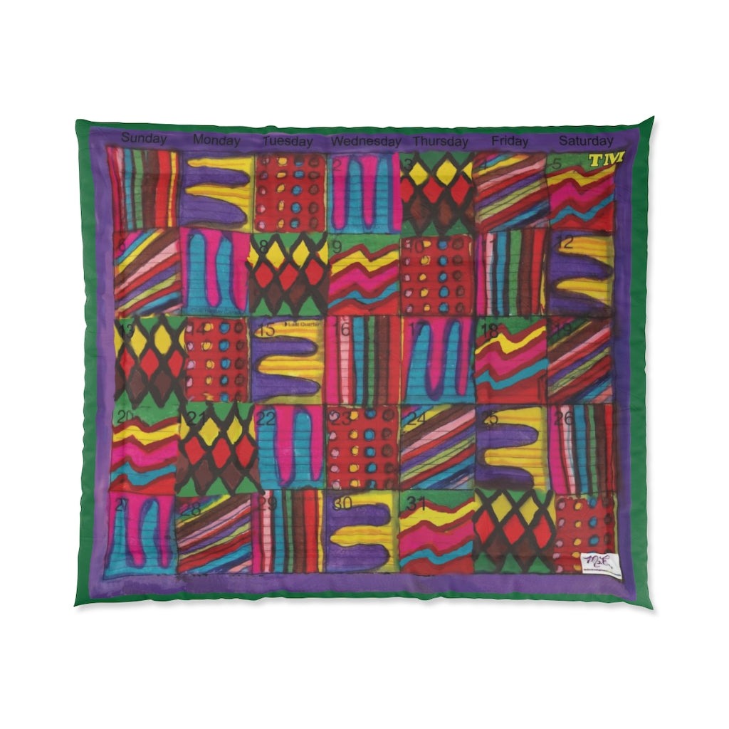 Comforter: Psychedelic Calendar(tm) - Vibrant - 88x88 - MiE Designs Shop. Thin dark green bars above/below calendar. Flat