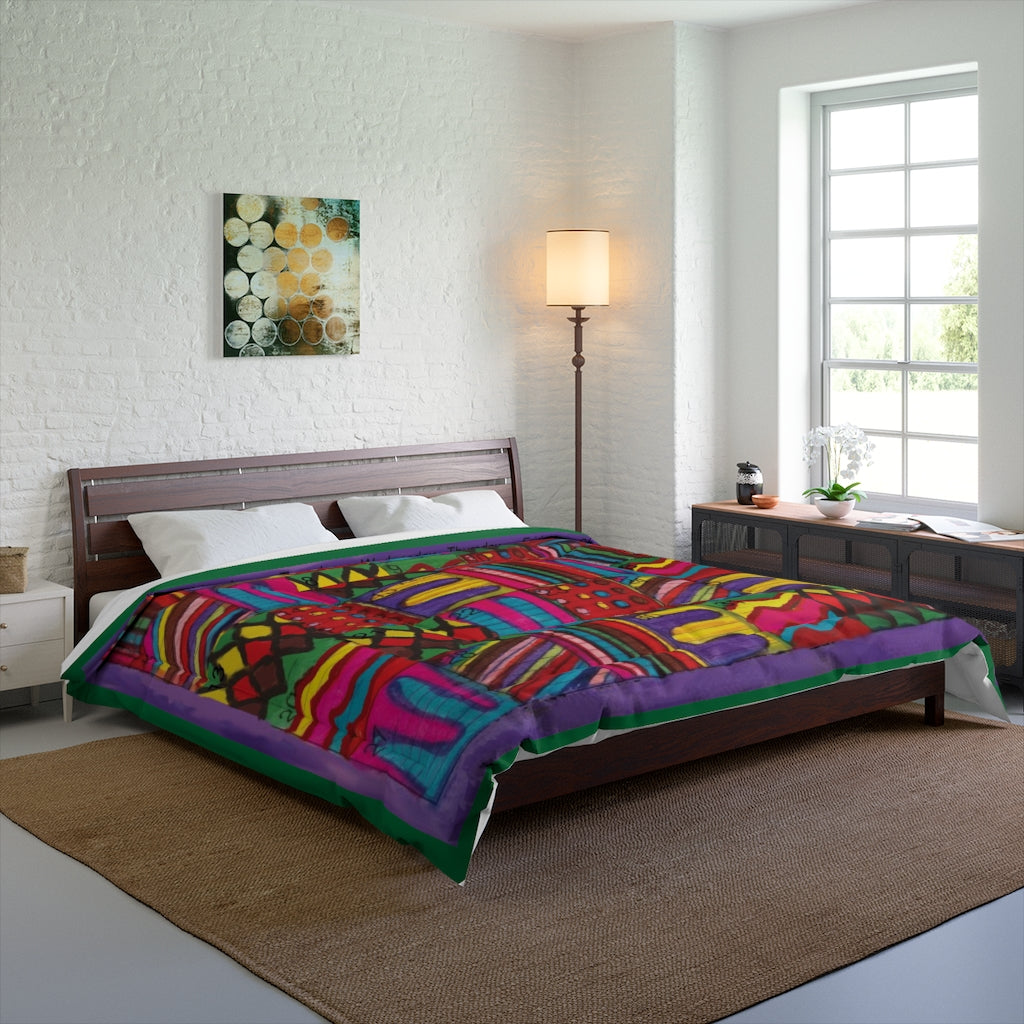 Comforter: Psychedelic Calendar(tm) - Vibrant - 88x88 - MiE Designs Shop. Thin dark green bars above/below calendar. Bedroom