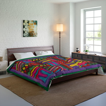 Comforter: Psychedelic Calendar(tm) - Vibrant - 88x88 - MiE Designs Shop. Thin dark green bars above/below calendar. Bedroom