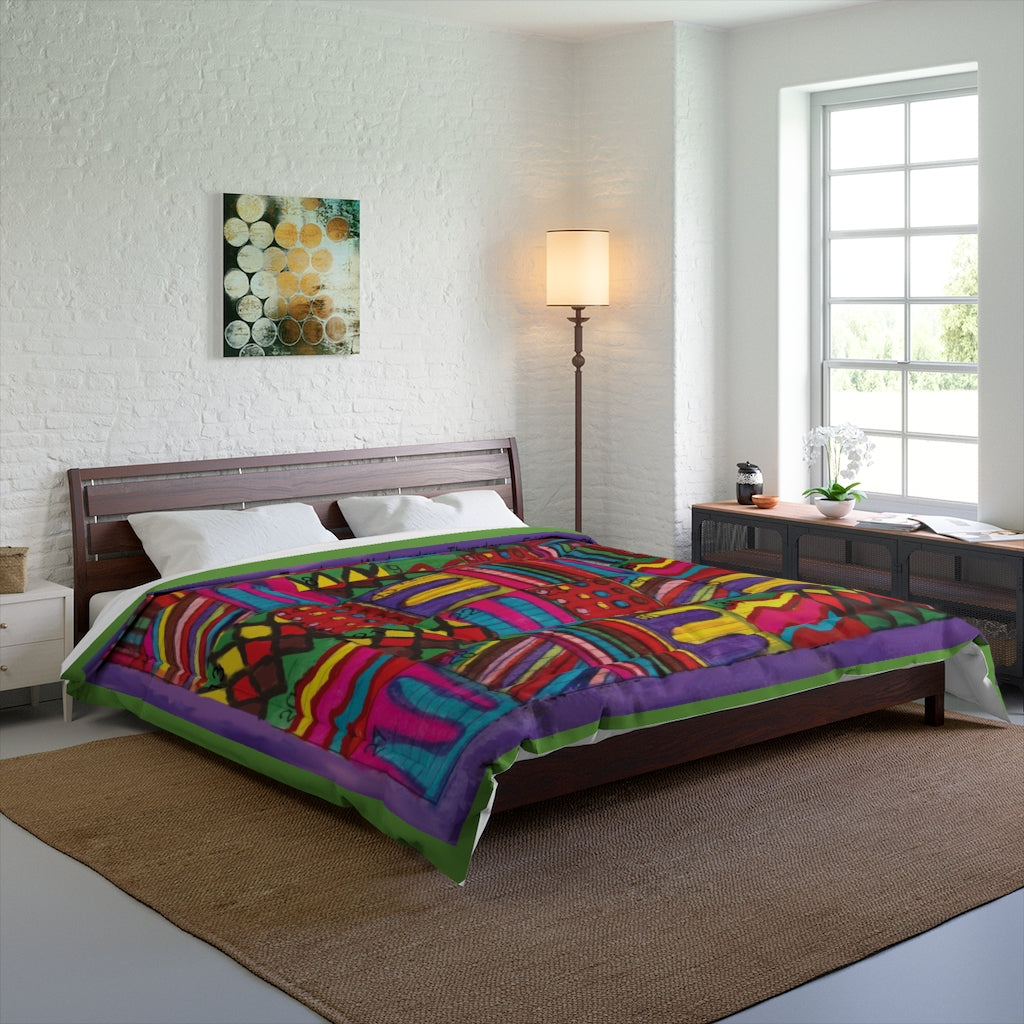 Comforter: Psychedelic Calendar(tm) - Vibrant - 104x88 - MiE Designs Shop. Barely visible green edges around calendar. Bedroom
