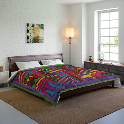 Comforter: Psychedelic Calendar(tm) - Vibrant - 104x88 - MiE Designs Shop. Barely visible green edges around calendar. Bedroom