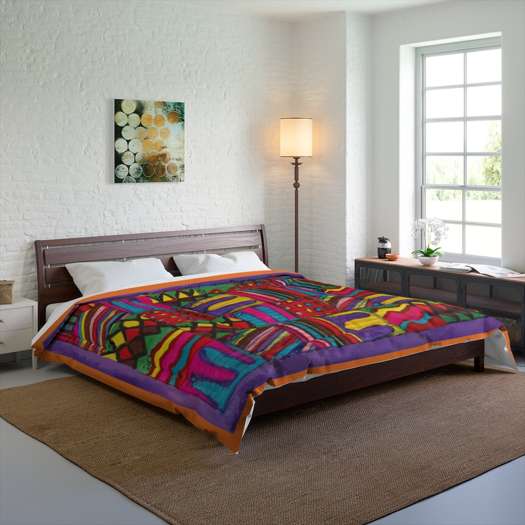 Comforter: Psychedelic Calendar(tm) - Vibrant - 104x88 - MiE Designs Shop. Barely visible orange edges around calendar. Bedroom