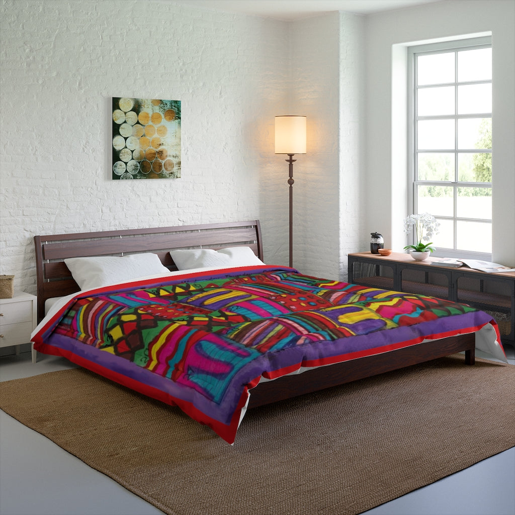 Comforter: Psychedelic Calendar(tm) - Vibrant - 104x88 - MiE Designs Shop. Barely visible raspberry edges around calendar. Bedroom