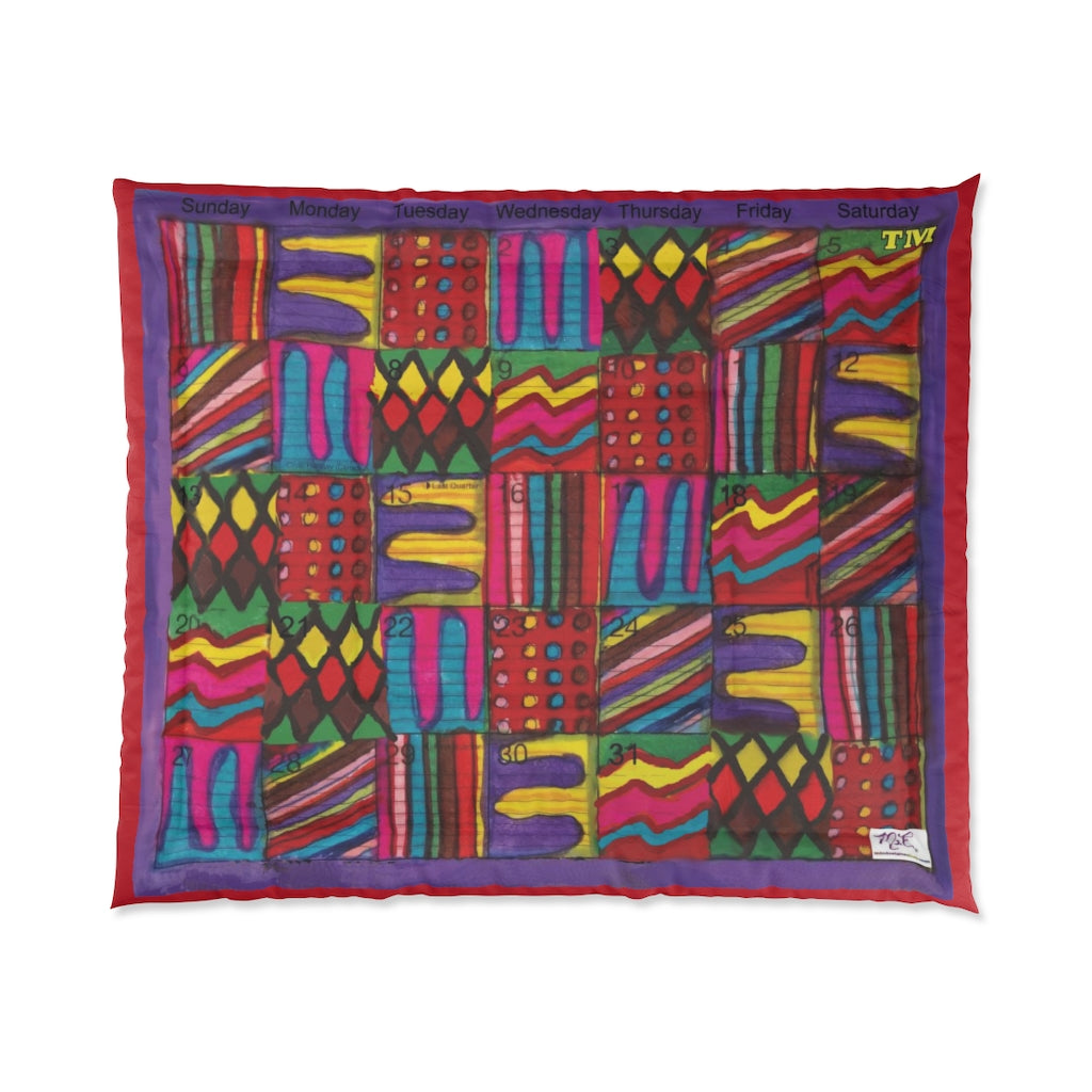 Comforter: Psychedelic Calendar(tm) - Vibrant - 104x88 - MiE Designs Shop. Barely visible red edges around calendar. Flat
